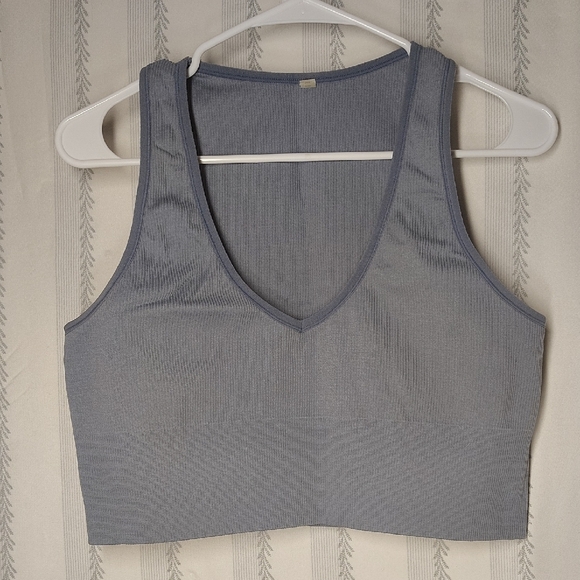 90°Degree By Reflex Blue/Gray V-Neck Ribbed Crop Top/ Sports Bra Sz LG/XL - Picture 1 of 2